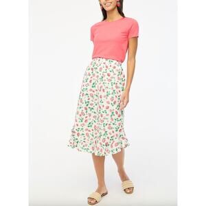 J.Crew Petite Midi Skirt Flounce Hem Strawberry Print Cotton Cottagecore XXS NWT